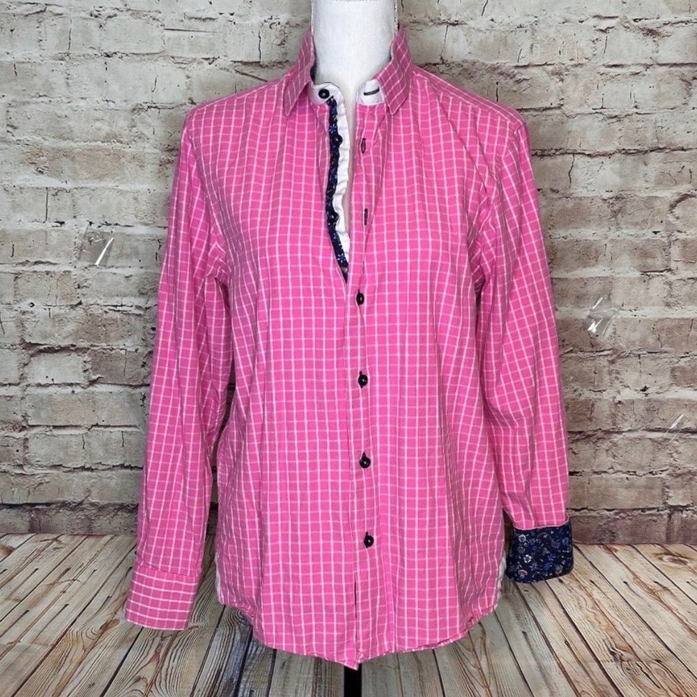 Coogi Luxe Mens Dress Shirt Pink White Blue Floral Collar and Cuff